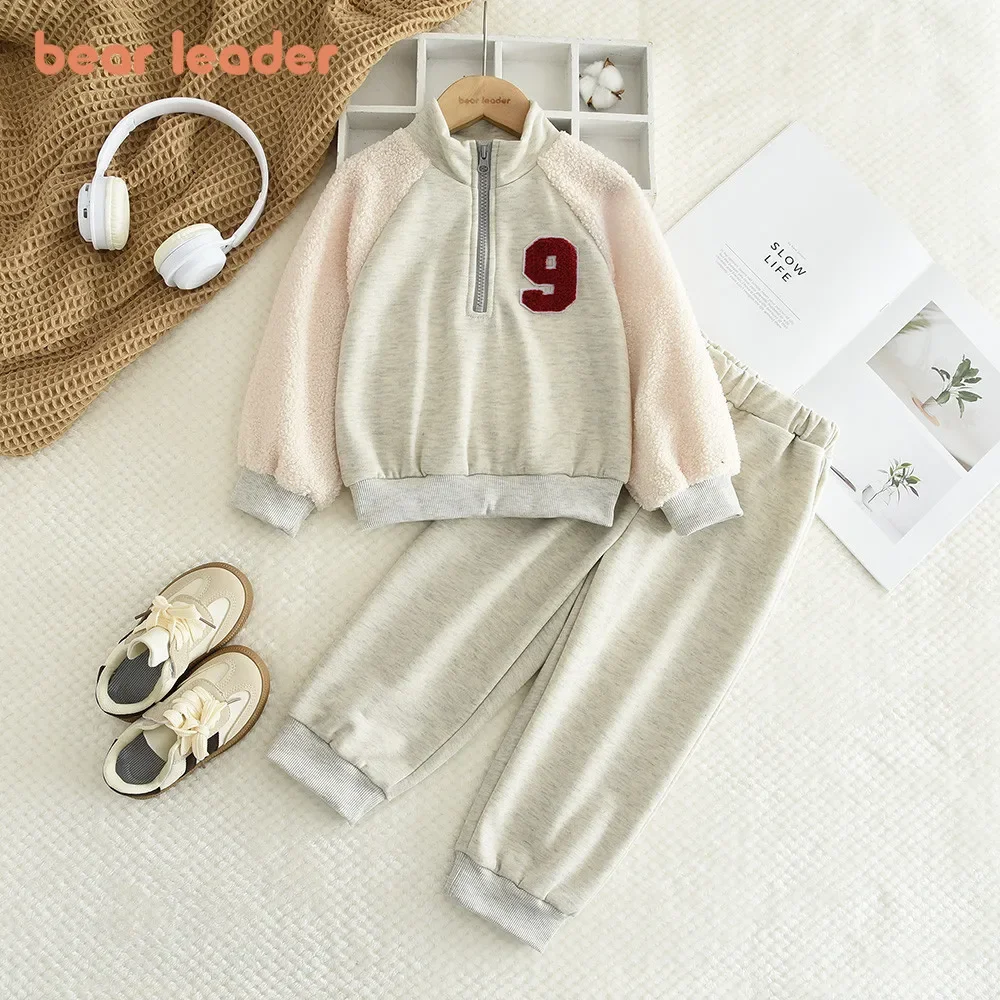 

Bear Leader Lamb Wool Long Sleeved Sports Suit Color Blocking Zipper High Neck Top+Pants for Autumn Winter Girls' Clothes