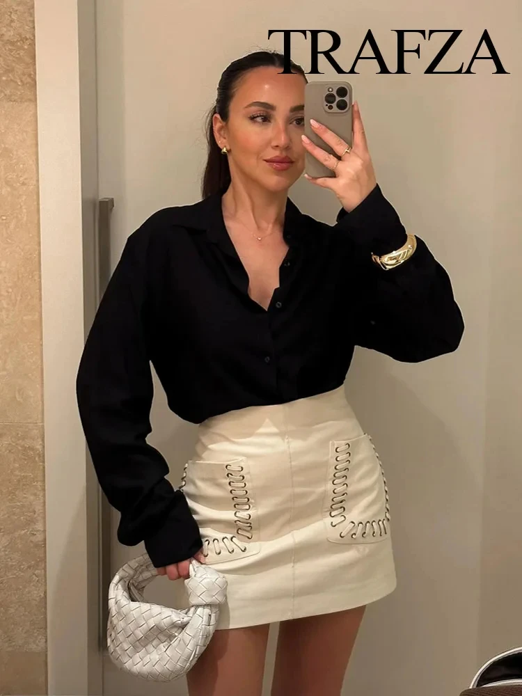 TRAFZA Minigonna estiva da donna a vita alta Tasca alla moda Decora gonna corta casual solida Donna elegante gonna sottile con cerniera laterale