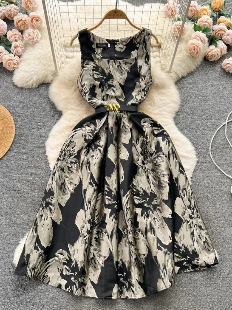 Vestido de festa vintage feminino, cintura alta elegante, vestido Midi fino, gola quadrada, vestido longo sem mangas, verão