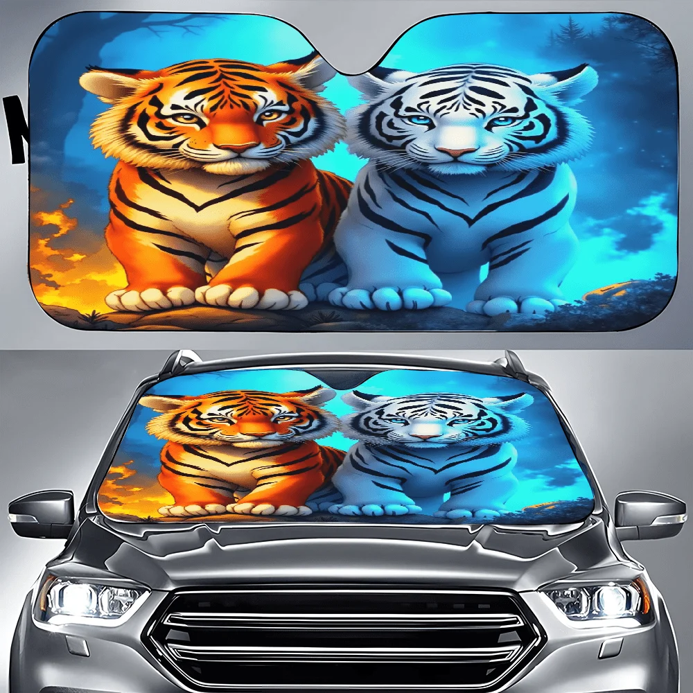 Couple Of Tigers Sitting Next To Each Other On A Rock Car Auto Sunshades Car Sunshade, Front Window Sun Cover For Car, Auto Suns