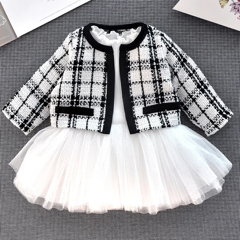 

Baby Princess Dress Girl Coat Tutu Dress Bodysuit 2Pcs Girl Suit Elegant Plaid Fashion Children Clothing Birthday Costume A1344