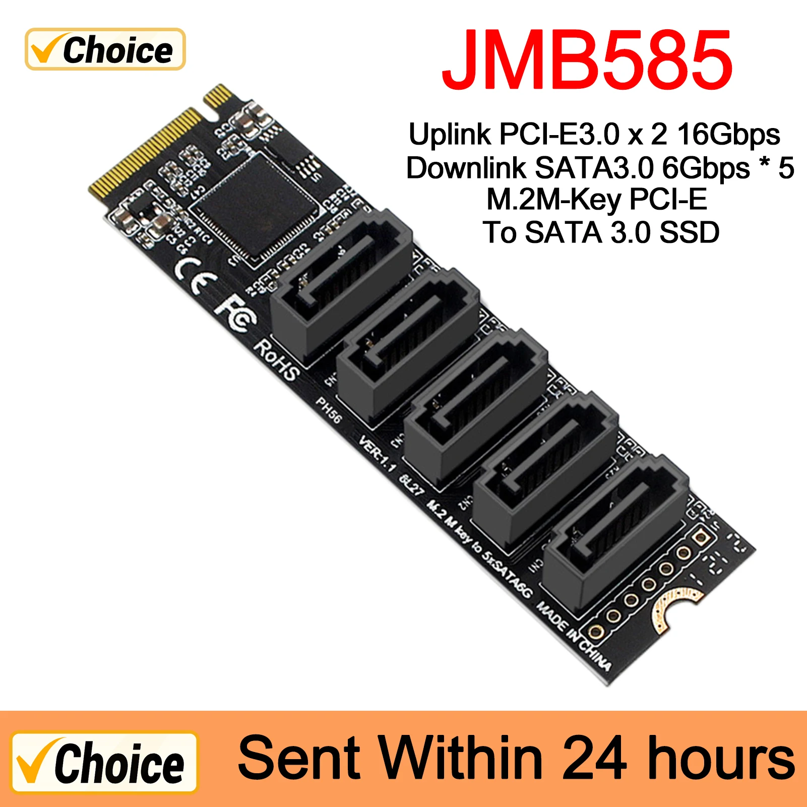 Riser Card M.2 Key JMB585 For NVME Converter With SATAIII SATA 3.0 Cable M.2 PCIe 3.0 To 5 Ports SATA III 6G SSD Adapter Card