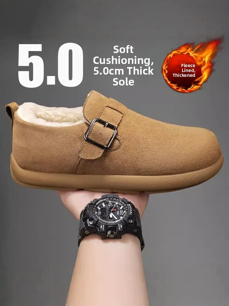 

Thickened Fleece Lined Cotton Slippers for Men Winter Warm Fur Integrated Slip Resistant Cold Proof Birkenshoes Slip on Shoes