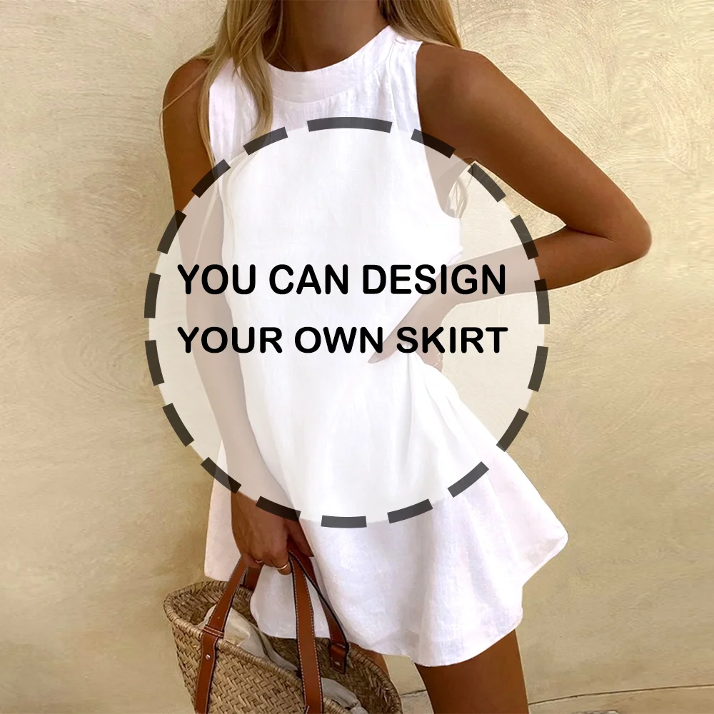 2024 New Women's Sleeveless Dress Sardine Graphic Splicing Printing A-Shaped Skirt Casual Loose Beach Skirt Round Neck Summer