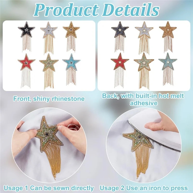 ABRT-6Pcs Star Rhinestone Patches With Chain Tassels Five-Pointed Star Ironing Patches Clothes Hat Jeans Bag Dress Pants DIY