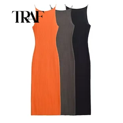 TRAF Women Y2k Pleated Ribbed Knit Long Dress Casual Sleeveless Ruched Swing Dress Elegant Vintage Slim Fit Tank Summer