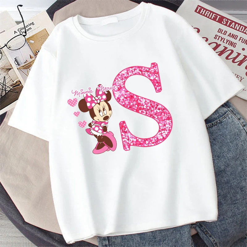 Disney Minnie Mouse Kids Cotton T-shirt Anime Cartoon Letter Printed Pullover Boys Girls Summer Loose Tops Casual Clothes Gifts