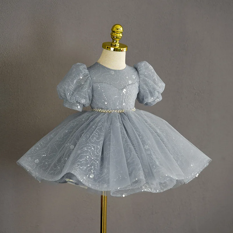 1st Birthday Party Girl Baby Dress Luxurious Sequin Grey Pearl Bubble Sleeve Bow Princess Tutu Dress Flower Girl Wedding Dress