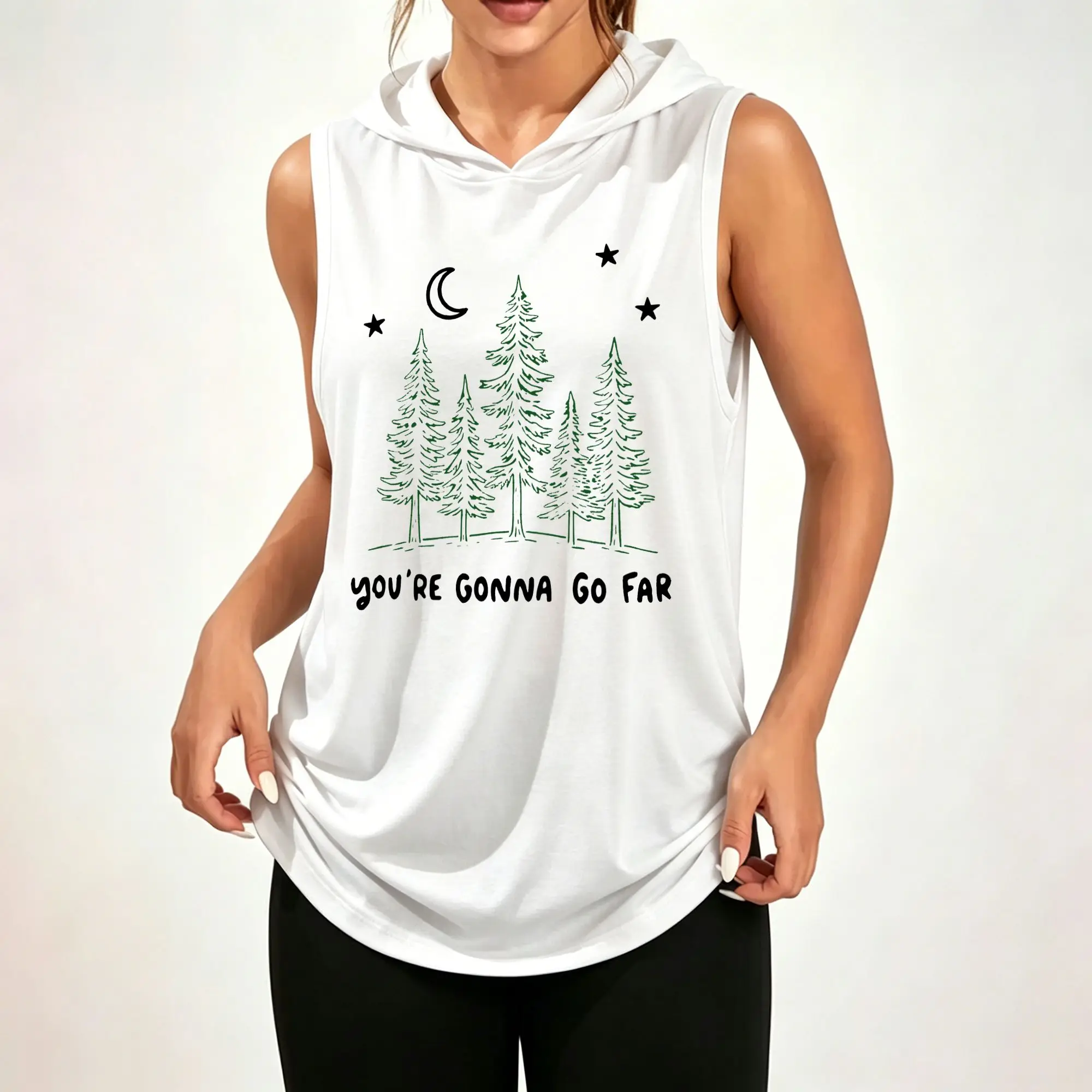 Women Sleeveless Hooded Tank Top Forest Tree Moon Star Graphic Print 