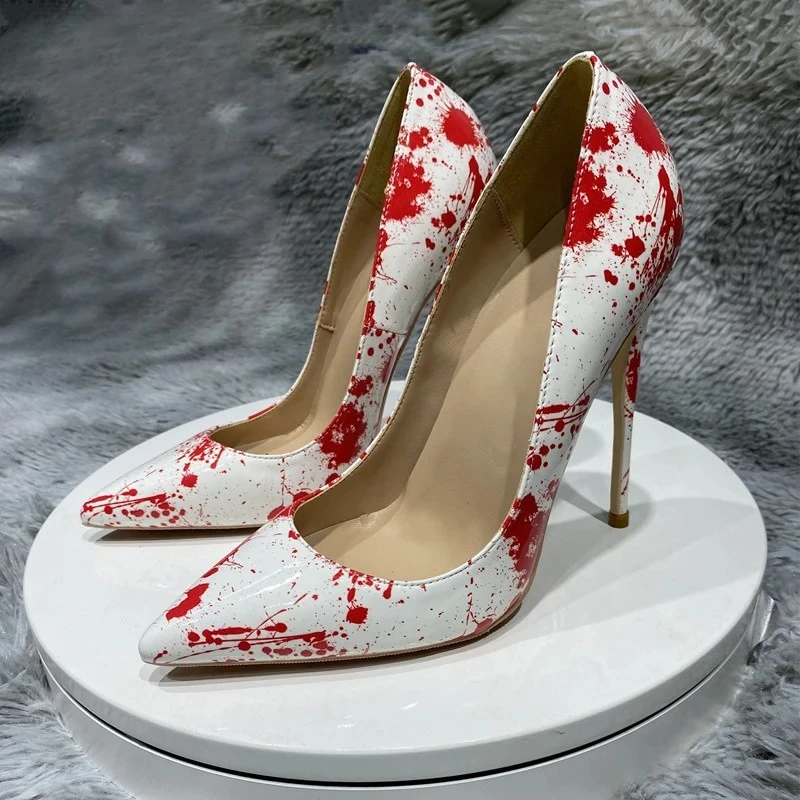 Tikicup Sexy Women Artistic White &Red Print Pointed-Toe Stiletto Heels 12cm Ultra-High Heel Pumps for Parties Night Out Events