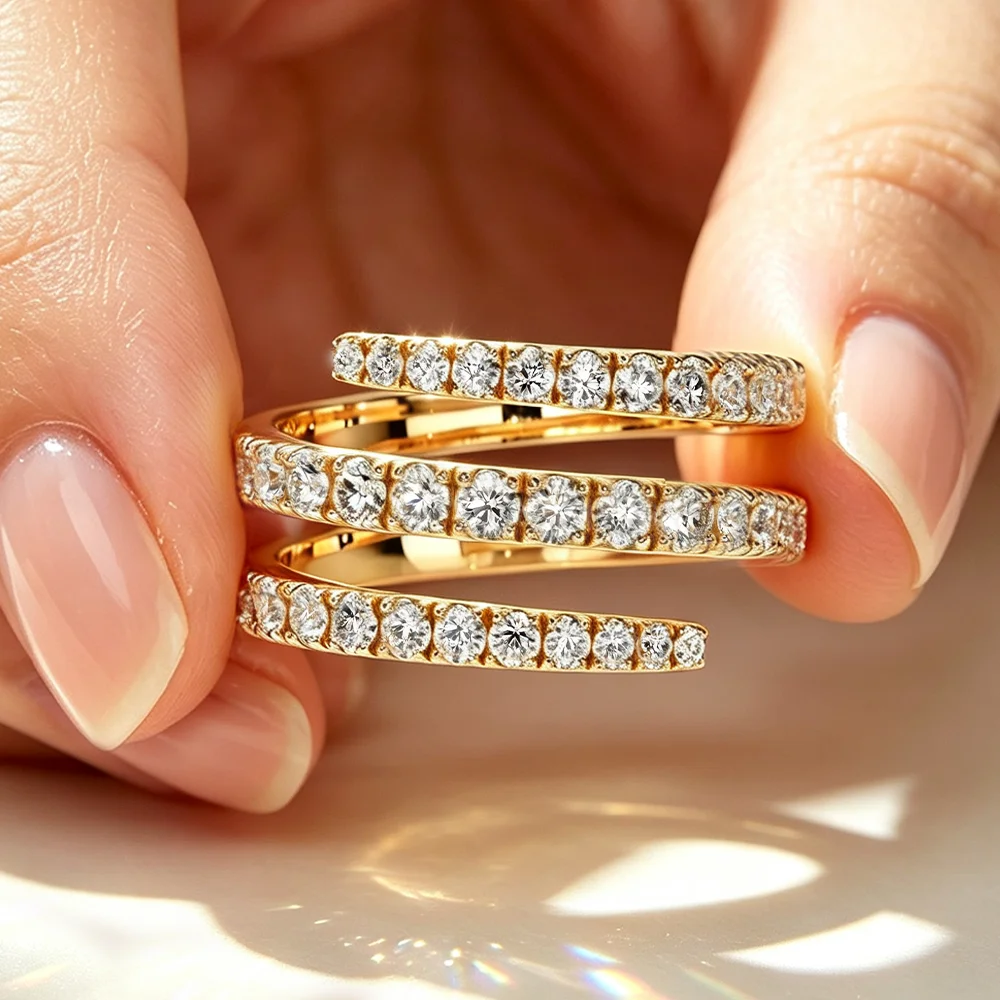 OEVAS Full Moissanite Ring for Women S925 Silver Plated 18K Gold Gradient 3 Rows Open Wedding Eternity Ring Stackable Jewelry