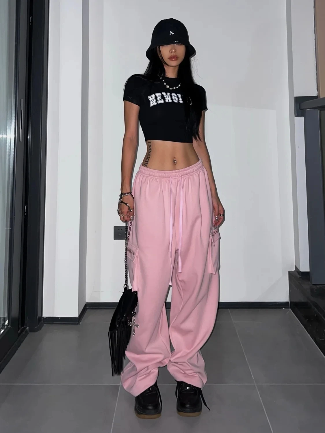 QWEEK Y2K Pink Cargo Pants Women Kpop Style Streetwear Wide Leg Sweatpants Oversized Korean Fashion Hip Hop Jogger Trousers