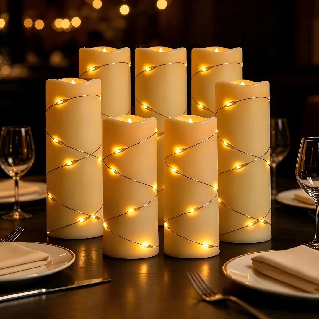 3-5sizesTwinkling Wire Lights Pillar Candle Melted‑Wax Edge Buring Electric Window Lamp Flameless Christmas Ambient Lighting