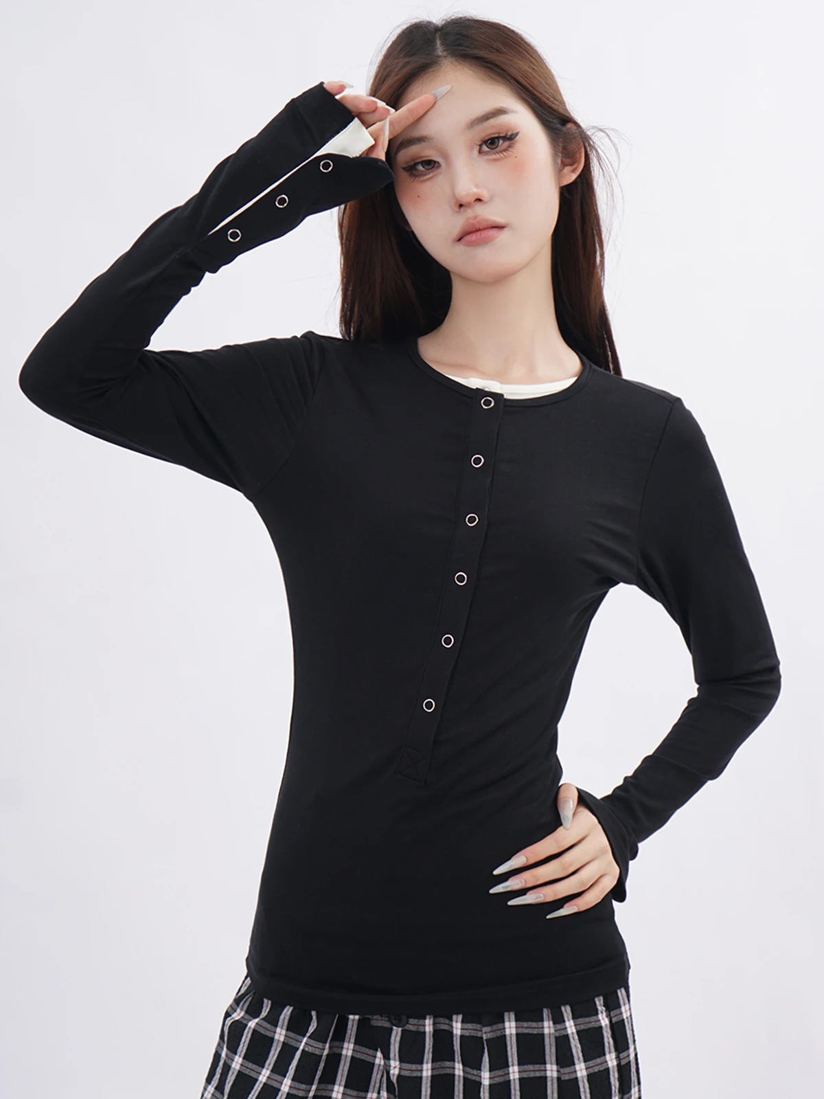 

Женская приталенная футболка Bla Henry с двойным воротником, эластичная, базовая, для уличного стиля, осенняя, хлопковая