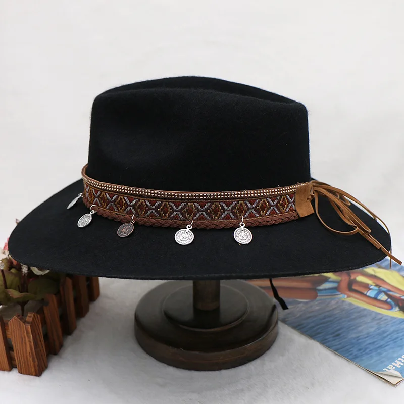 Chapeau tibétain en feutre de laine avec pompon, accessoires rétro, chapeau de cow-boy occidental, Europe et Amérique