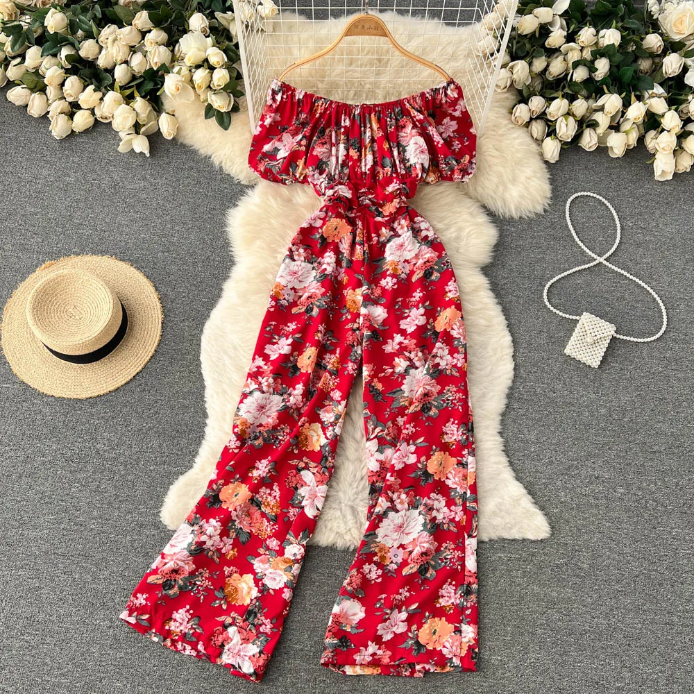 

Elegant Printed One-Shoulder Jumpsuit Women's Summer Casual Playsuit Holiday Wide Leg Pants Female Outfit