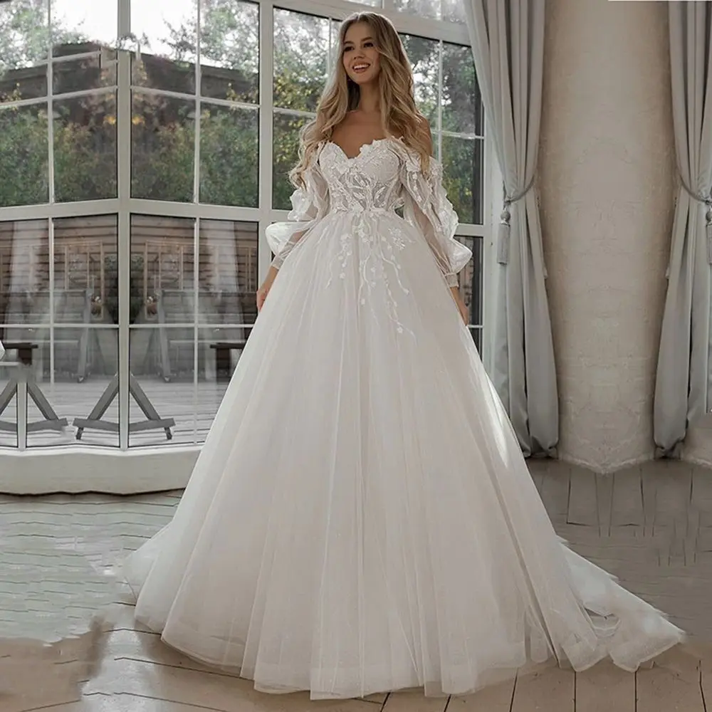 

Puffy Sleeves Shinny Wedding Dress Boho Appliques 3D Flowers Off Shoulder A Line Bridal Gowns Robe De Mariee