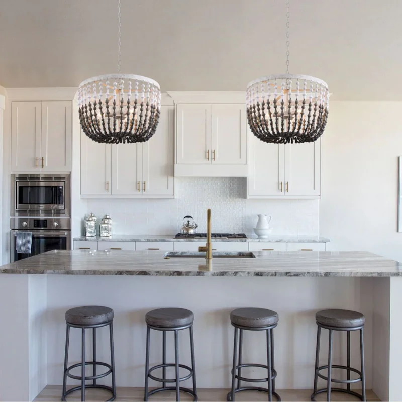 Europejska Retro Luksusowa Amerykańska Lampa Wisząca do Restauracji Hotelowej Mały Drewniany Żyrandol z Koralików z Oprawką E12 do Salonu