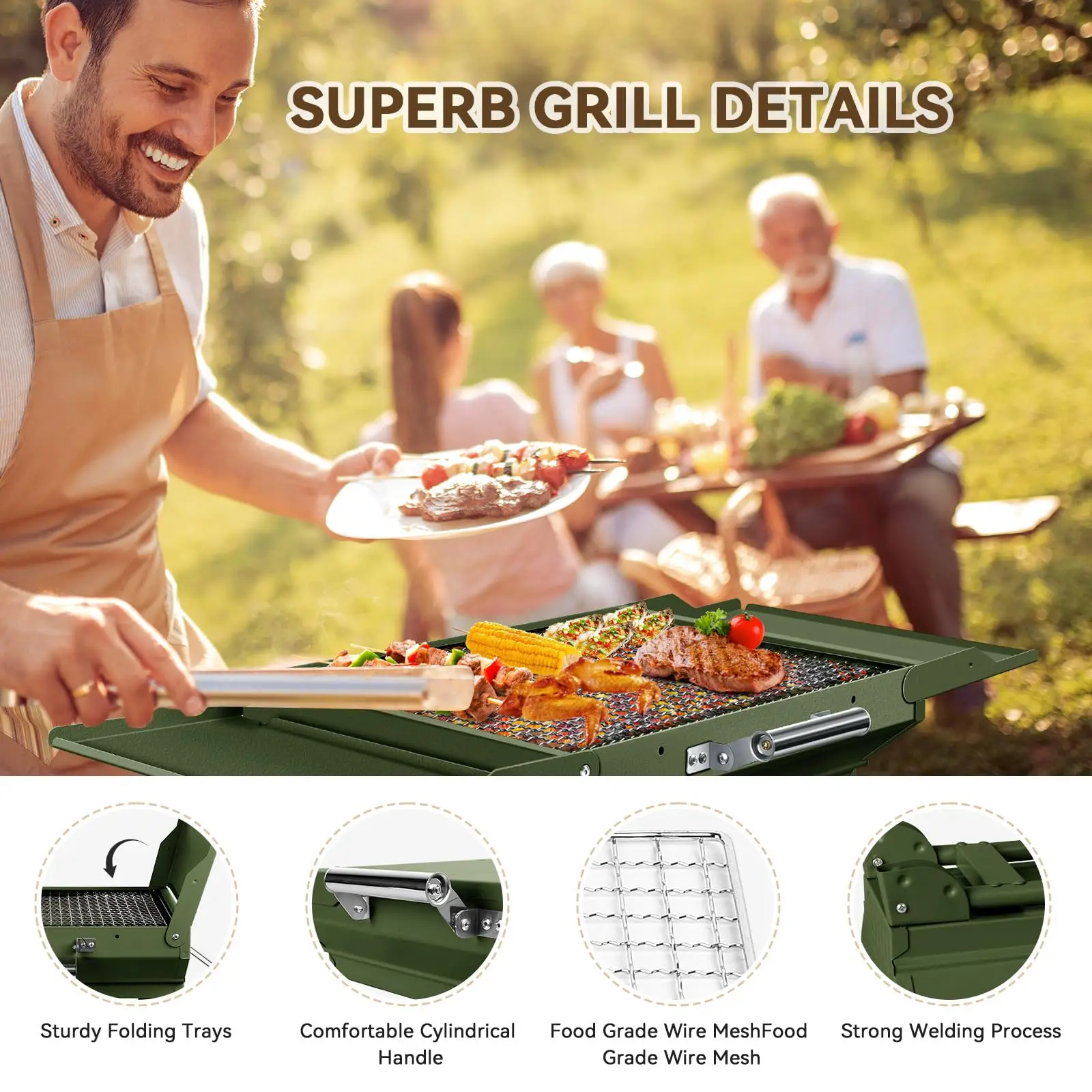 Portable Folding BBQ Grill Green Mini Suitcase Charcoal Grill with Carry Handle Side Shelf Wire Mesh for Camping Picnic Beach RV