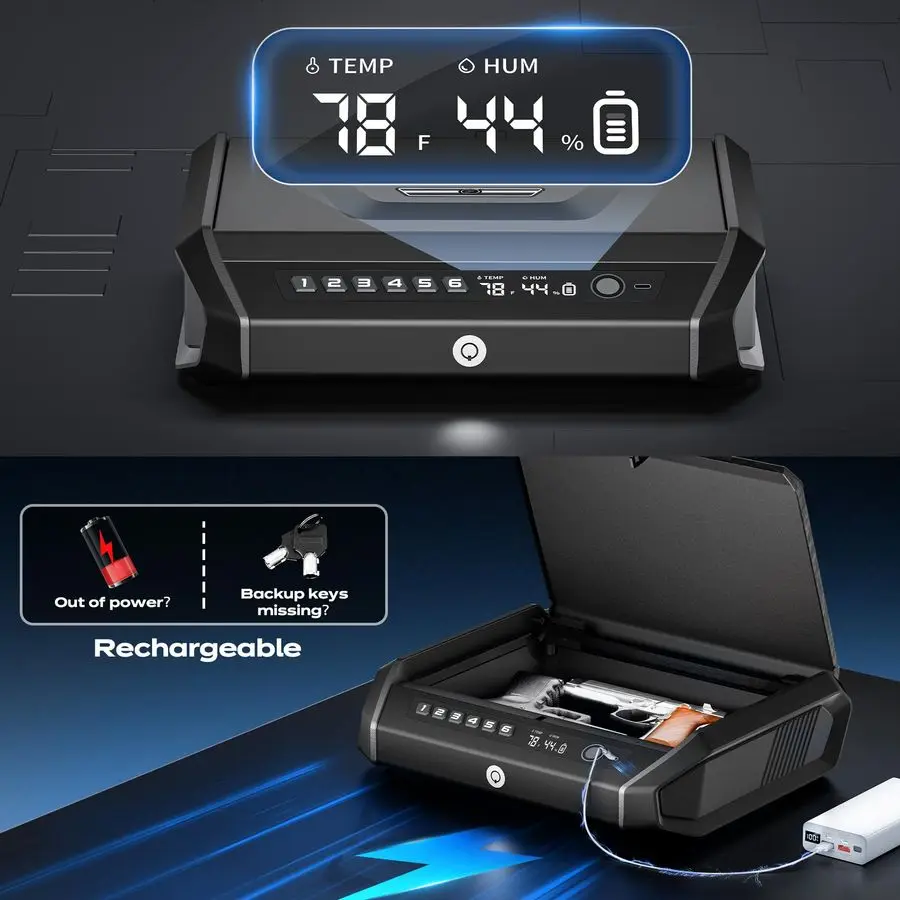 آمن مع شاشة LCD، مسدس وصول سريع 0.1 ثانية آمن لـ 24 مسدسًا، صندوق قفل مسدس اليد مع لوحة مفاتيح بصمة الإصبع وإعادة شحن المفاتيح