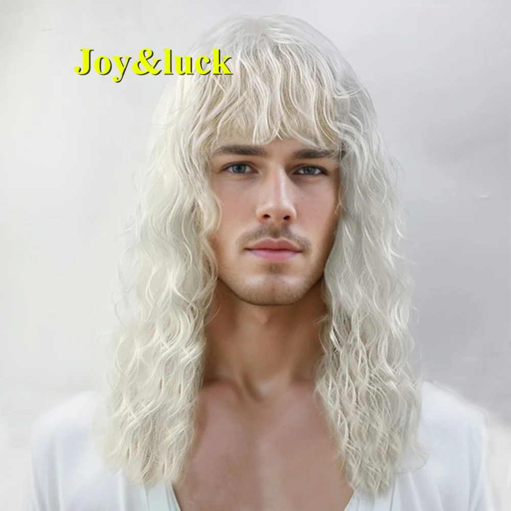 Synthetic Cospaly White Men's Wig With Bangs Natural Curls High Quality Party Rock Man's Hair  Wig