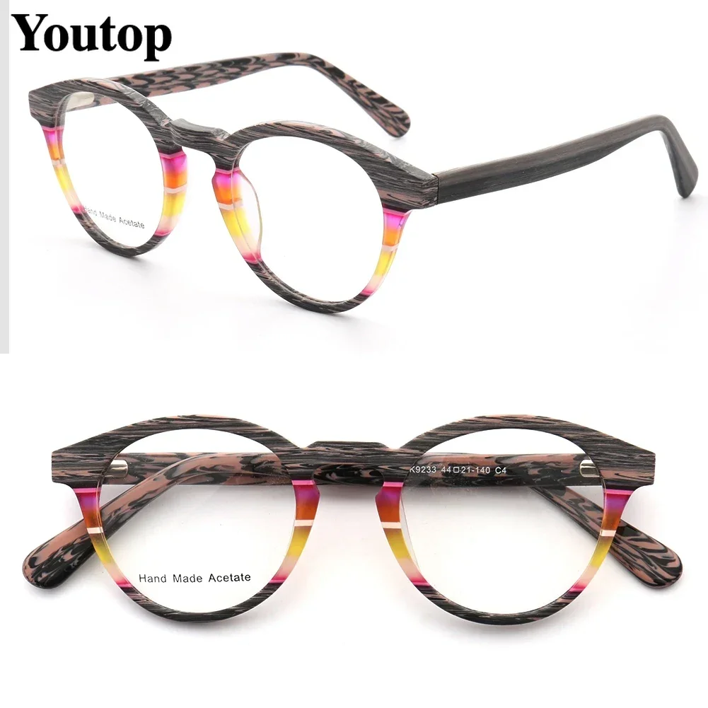

Women Wood Grain Round Eyeglass Frame Men Retro Vintage Optical Glasses frames Acetate Rx Eyeglasses Eyewear frames Blue Striped