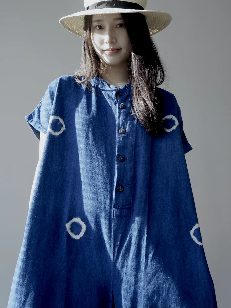 

Синие хлопковые брюки свободного кроя с ручной окраской, широкие штанины, юбка-комбинезон без воротника, летняя коллекция Sweet Sle