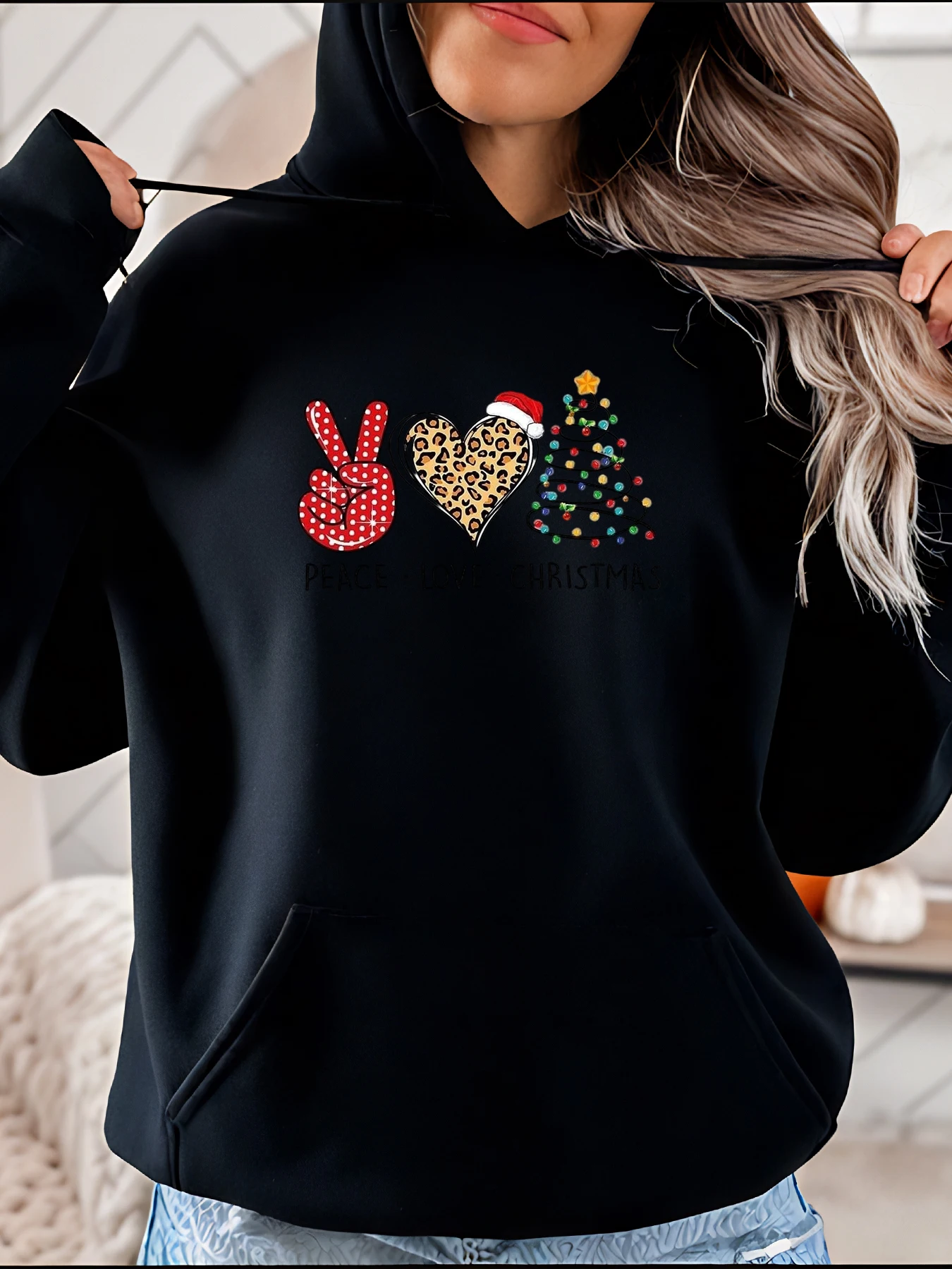 

Толстовка с рождественским принтом Peace Love в повседневном стиле, женская праздничная одежда с леопардовым сердечком и деревом