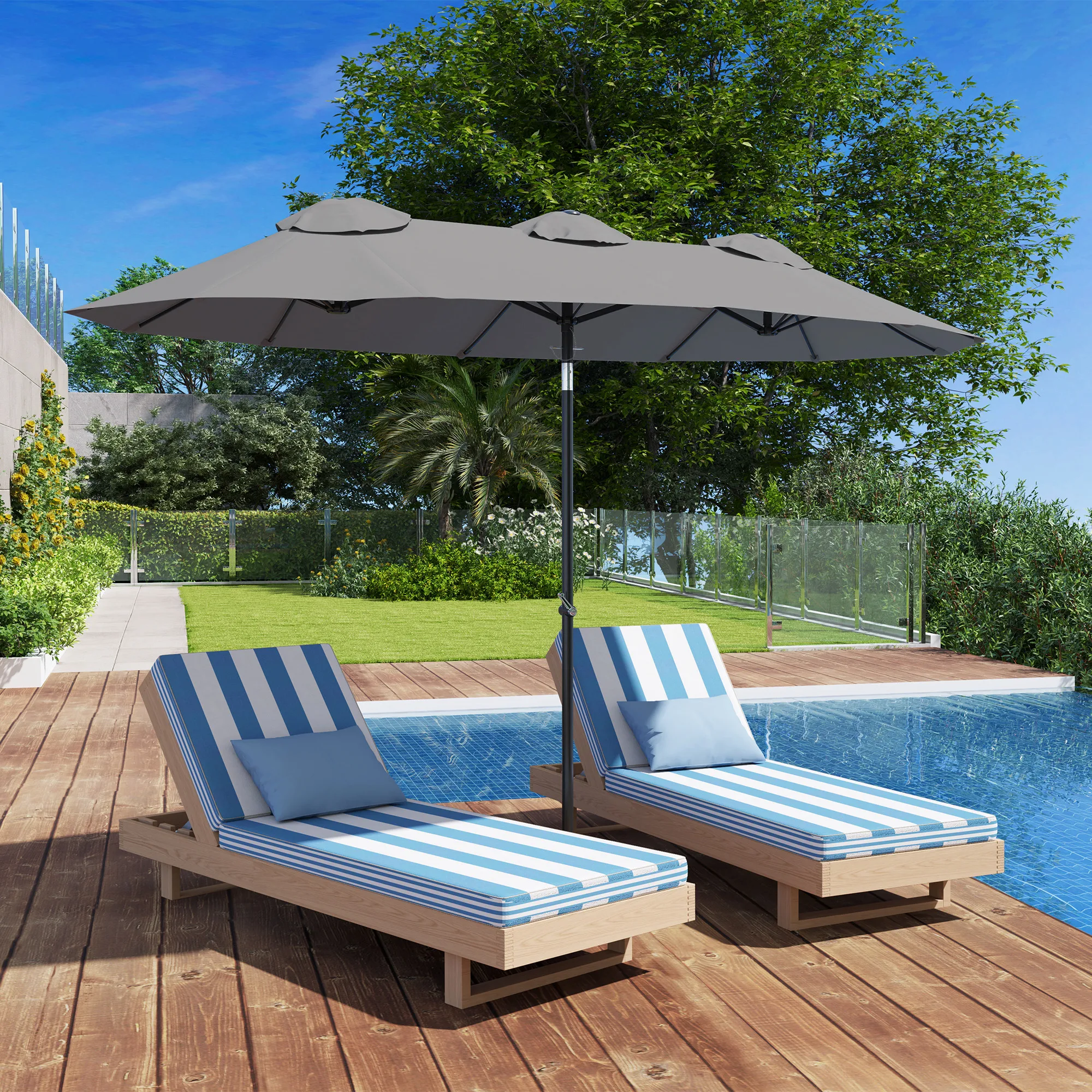 9.7' Double Sided Patio Umbrella, Large Market Shade with Push Button Tilt & Crank, 3 Air Vents & 12 Ribs, Garden Deck Pool