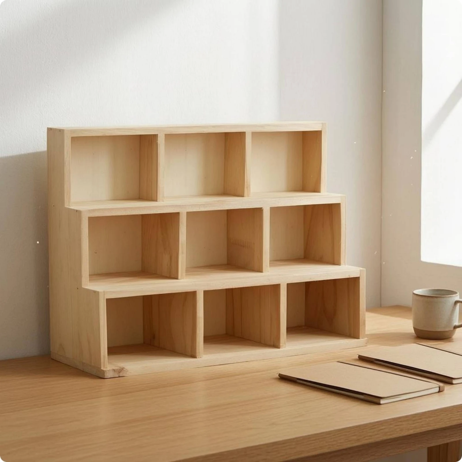 Trapezoidal Desk Organizer Pine Wood Wood Wooden Cubby Organizer 9-Cube Bookshelf Broad Base Office Furniture Modern Style