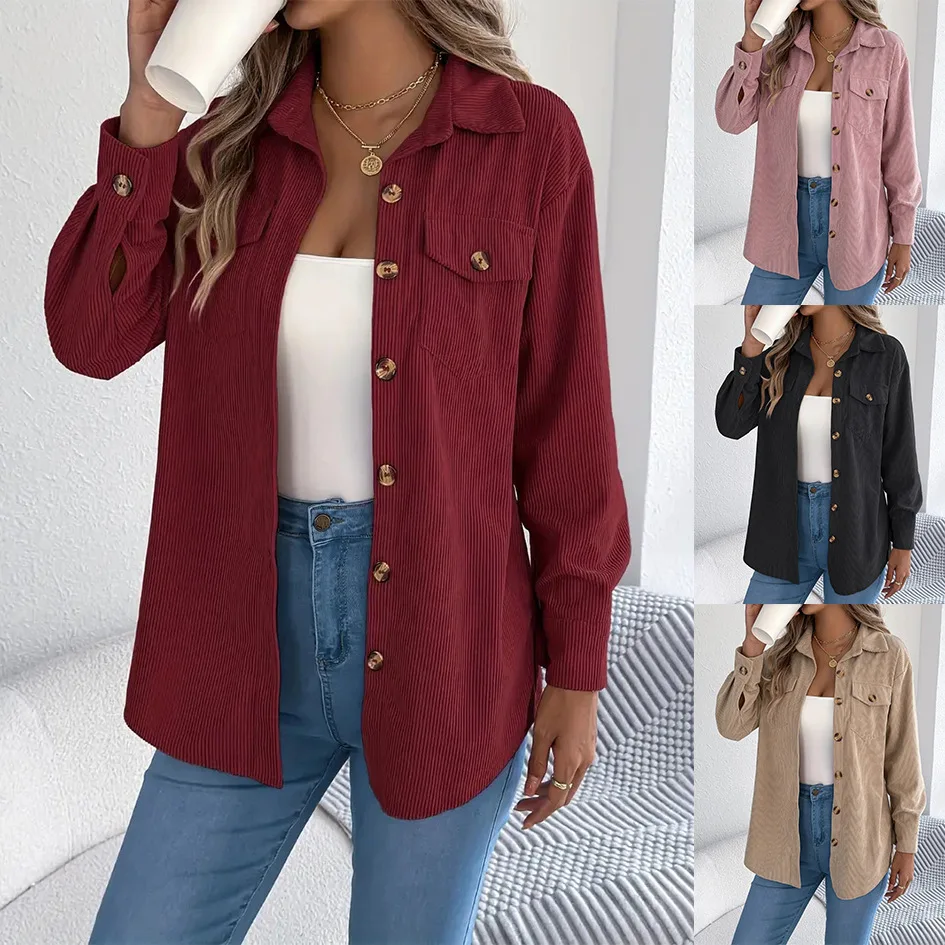 

Elegant Jacket Casual Loose Oversized Coat Single-Breasted Long-Sleeve Corduroy Shacket Slimming Solid Color Overshirt