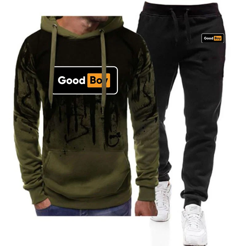

Spring And Autumn 2025 Men's Good Boy Logo Print Creative Graphic High Street Gradient Color Drawstring Hoodies Pants Suits