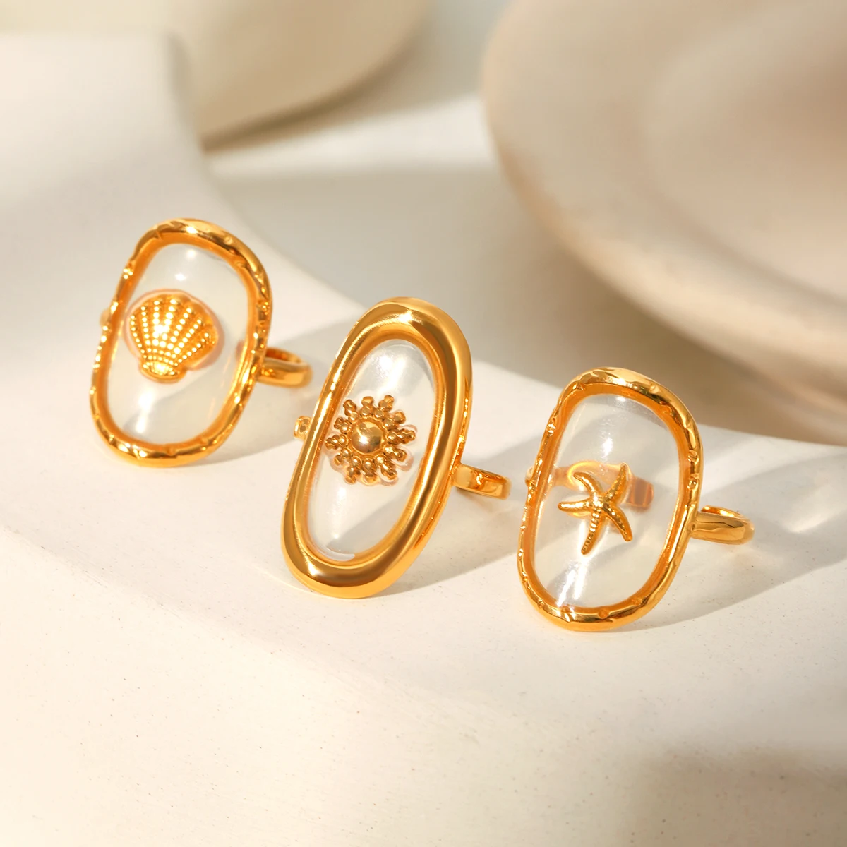 황차오 오벌 18k 금도금 스테인리스 스틸 반지 럭셔리 오션 스타일 주얼리 럭셔리 참 주얼리 액세서리 여성용 선물