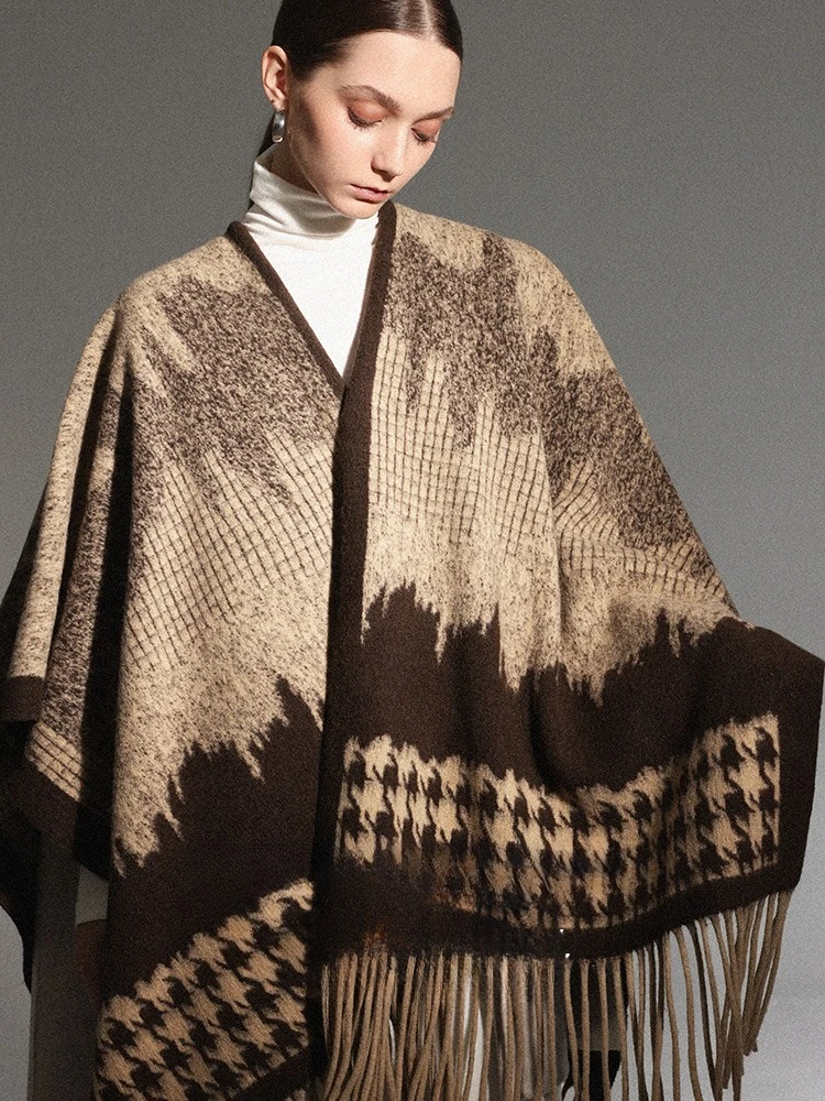 USPOP 2025 Otoño Invierno negro pata de gallo chal capa para mujer 710g grueso de gran tamaño borla envoltura bufanda de dos vías