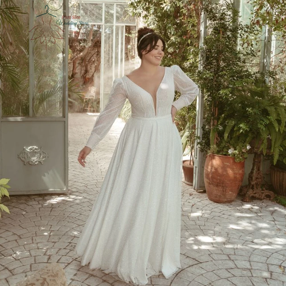 Glitter Wedding Dresses Plus Size Deep V Neck Long Sleeves Bride Gowns Floor Length A-Line Tulle Vestidos De Novia 2025