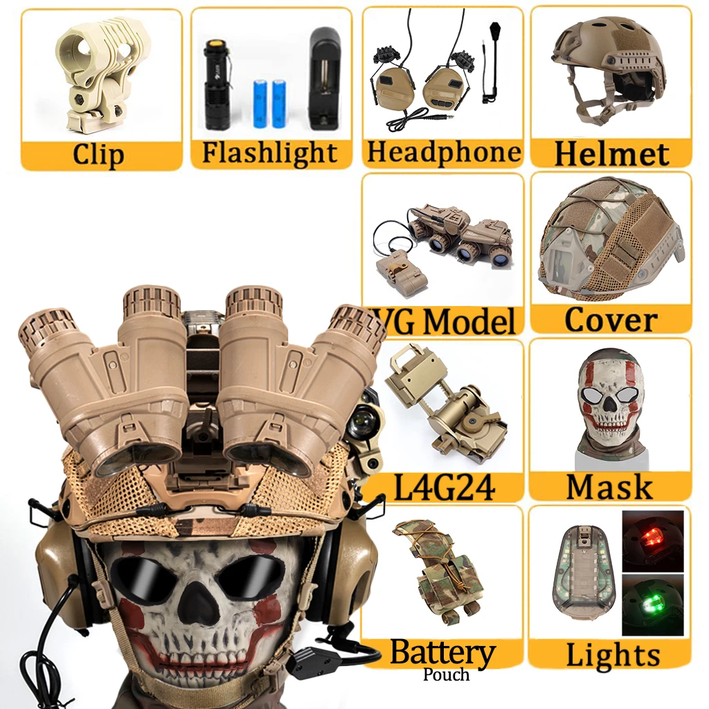 COD Airsoft tactical helmet & NVG set, Airsoft skull mask with lens, HD headset, Flashing lights, NVG mount, for Shooting game