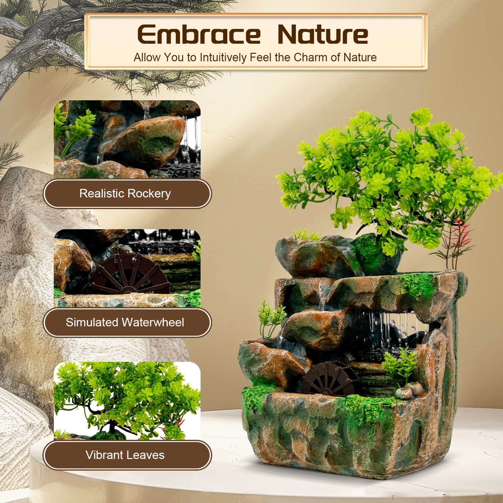 

Tabletop Ornament, Resin Fountain Ornament w/ LED Light, Rockery Water Ornaments Fountain Decoration for Chic Home Office