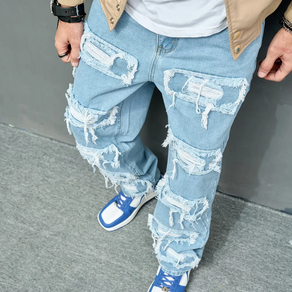 Autumn Stylish Men Ripped Patch Spliced Hip Hop Jeans Streetwear Loose Male Straight Denim Pants Trousers