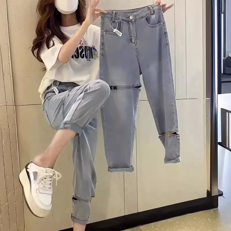 Vaqueros pequeños de cintura alta y pierna recta de talla grande para mujer, pantalones bombachos adelgazantes de nueve puntos con agujeros para primavera y otoño