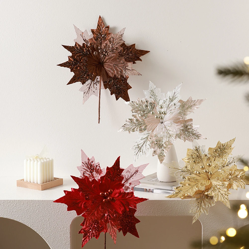 1Pieces Pink Silver Christmas Simulation Flower Xmas Tree Fake Flower DIY Merry Christma Decor For Home Wreath Noel Gifts