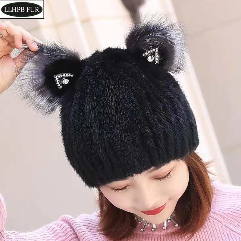 New Winter Girl Fashion Lovely Cat's ear Real Mink Fur Hat Luxury Warm Natural Mink Fur Hats Women Thick 100% Real Mink Fur Cap