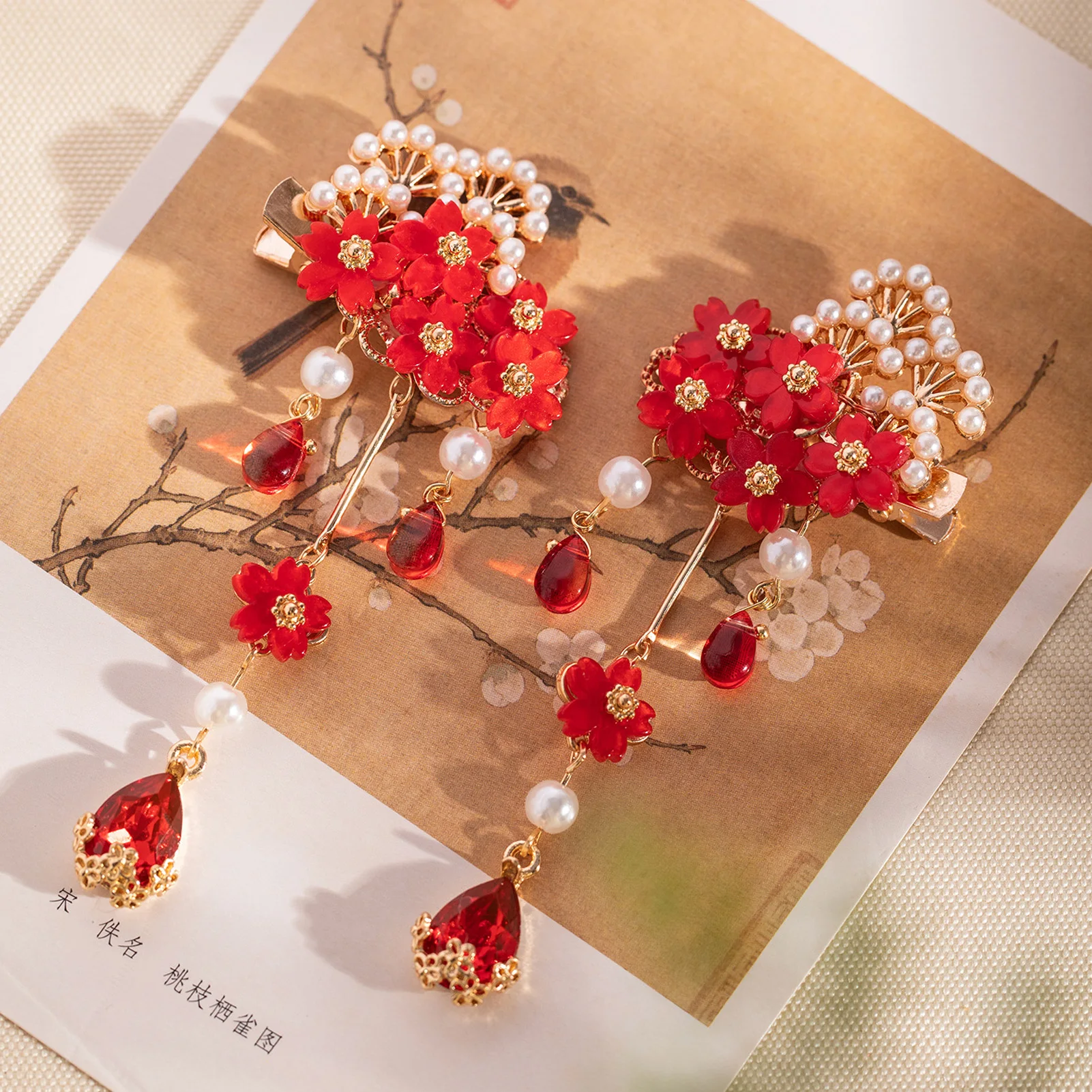 2 Stück rote Glasblüten-Haarspangen für Damen, Haarnadeln aus Legierung, traditioneller chinesischer Stil, Haarschmuck für Hochzeiten, Partys, Festivals