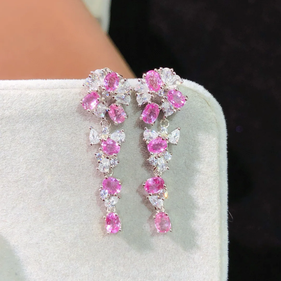 925 Silver Natural Pink Sapphire Floral Earrings, Multi-Stone Dangle Design, Elegant Gemstone Jewelry Gift for Women