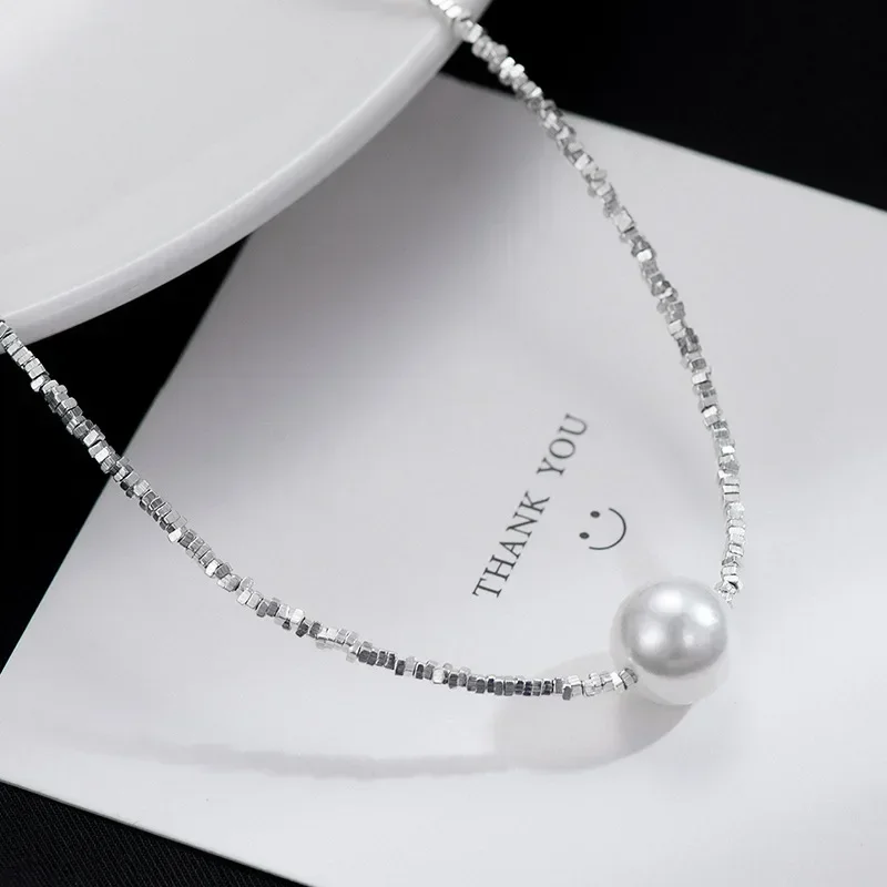 Sparkling 12mm Pearl Pendant Necklace For Women Girl 100% 925 Sterling Silver Choker Chain Wedding Birthday Party Gift Jewelry