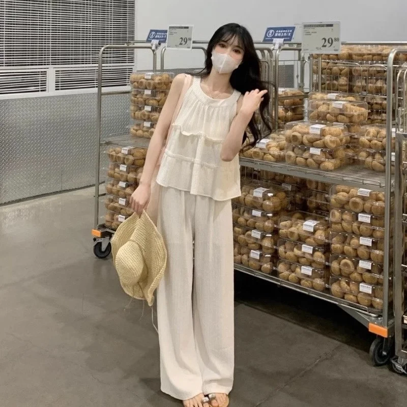 Sexy Off Shoulder Women's Shirt 2pcs Suits Loose Korean Leisure Style O-Neck Sleeveless Pullover Shirt High Waist Wide Leg Pants