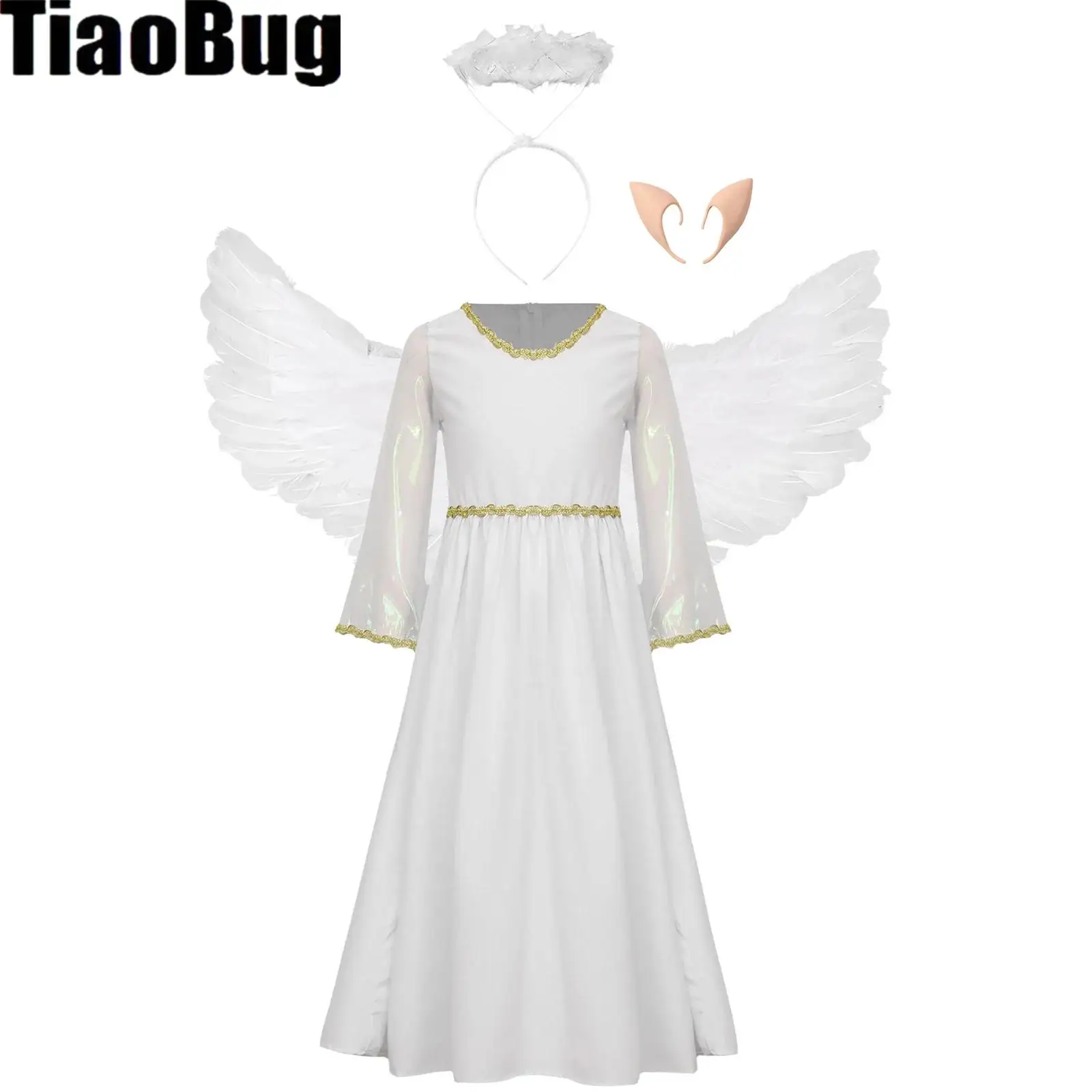 

Kids Girls Angel Cosplay Costume Set Long Sleeve Gold Trim Dress with Elf Ears And Hair Hoop Headband Wings for Halloween