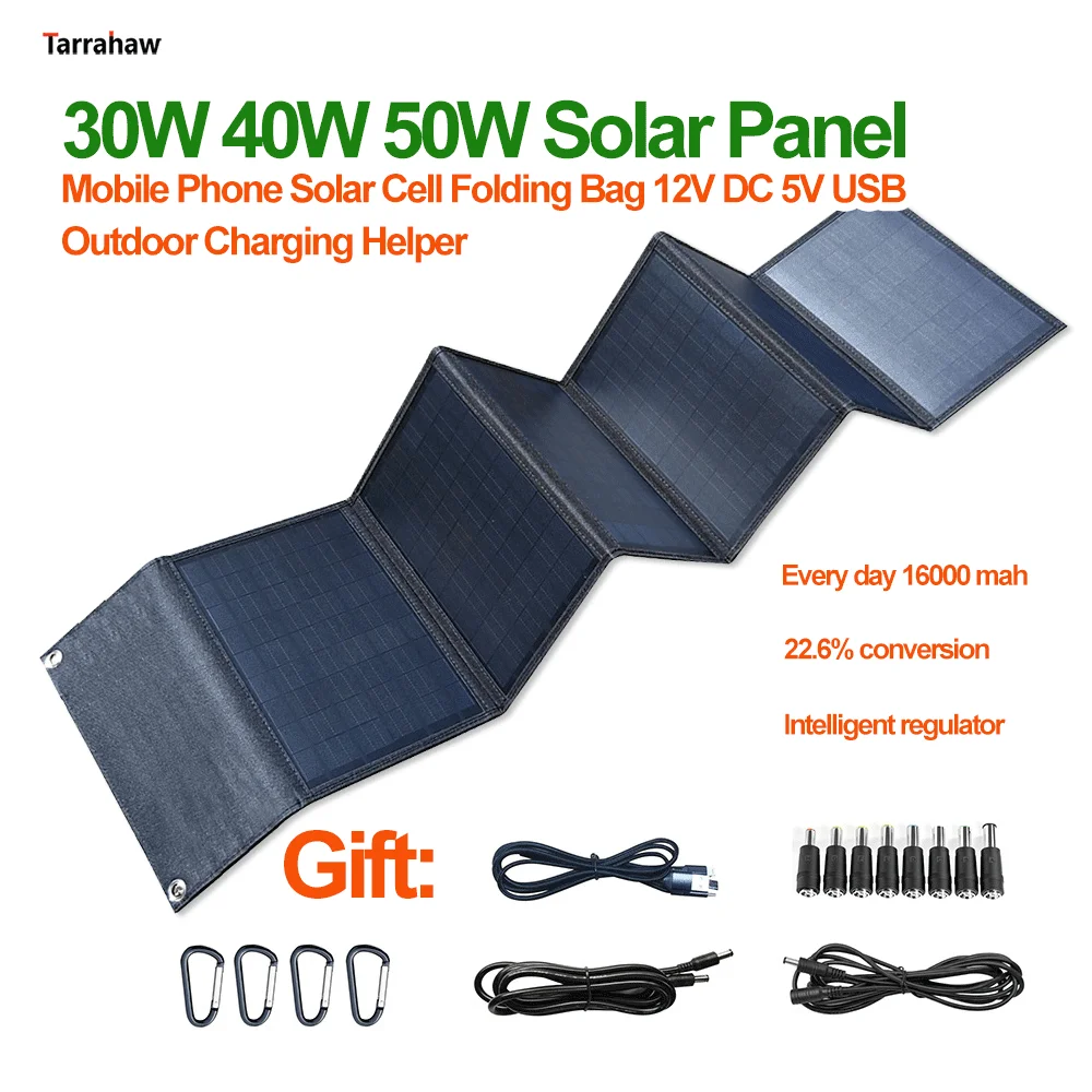 

30W 40W 50W Solar Panel Charging Mobile Phone Solar Cell Folding Bag 12V Photovoltaic Foldable Portable Charging PV Plate DC+USB