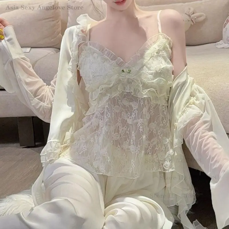 

Sexy Lace Pajamas Set Lady Elegant Home Wear Chemise Sleepwear French Princess Style Sweet Nightwear Loungewear Pijama Mujer