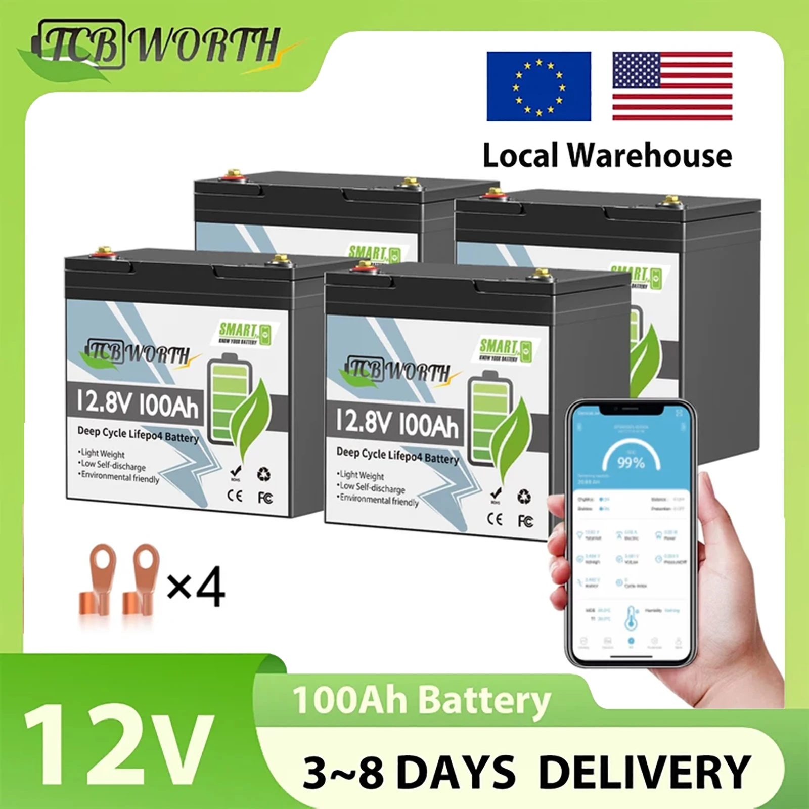 

Аккумулятор TCBWORTH 12В 100Ач Mini LiFePO4 с Bluetooth и защитой от низких температур для автодомов, морского транспорта, солнечных систем, троллинговых моторов