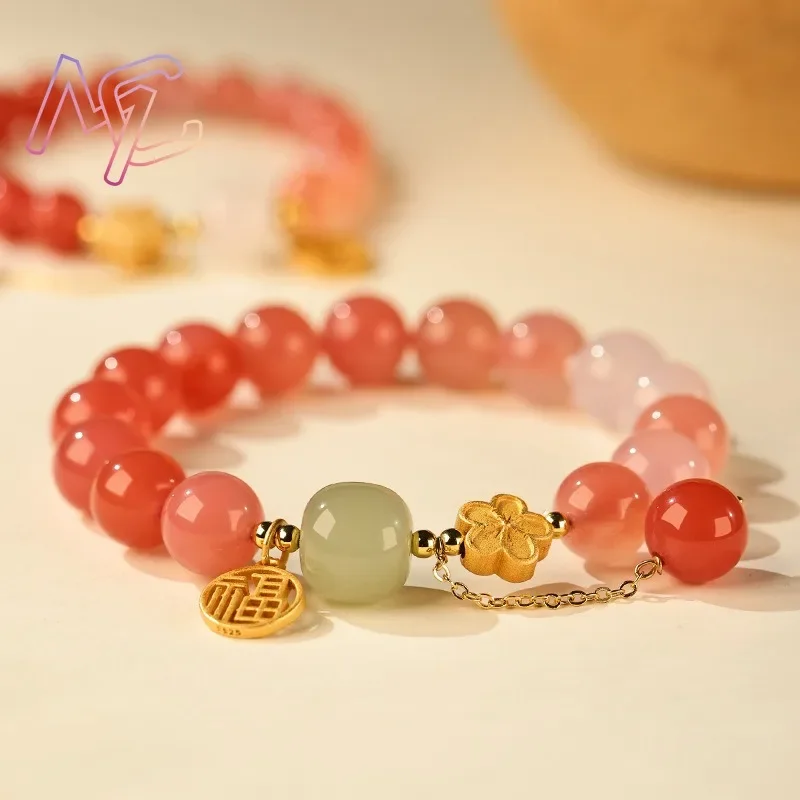 Natural Jade Agate Flower Bracelet Bangle Exquisite Design Young Girls Real Gemstone Fashion Jewelry Best Seller Holiday Gift